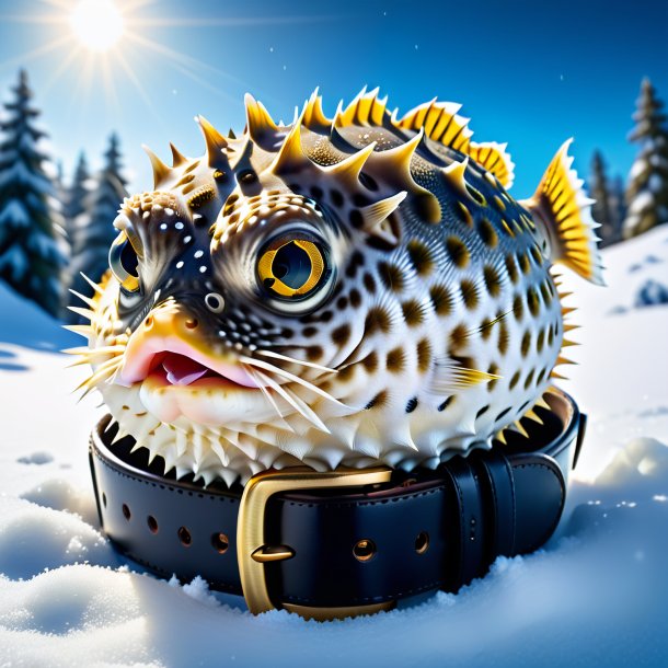 Image of a pufferfish in a belt in the snow