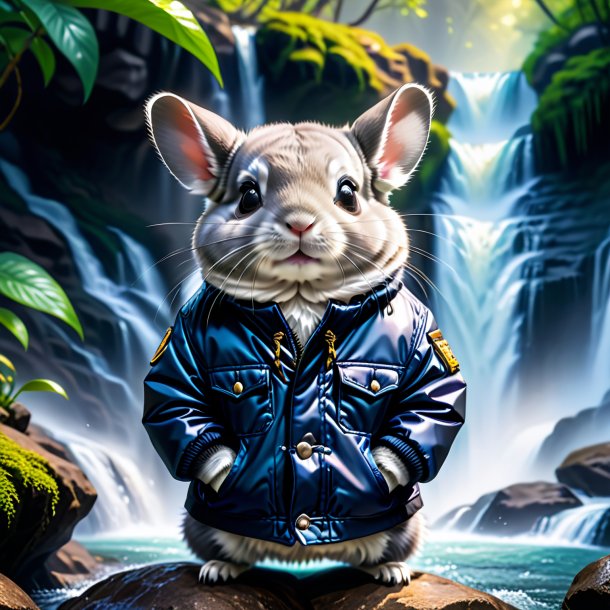 Picture of a chinchillas in a jacket in the waterfall