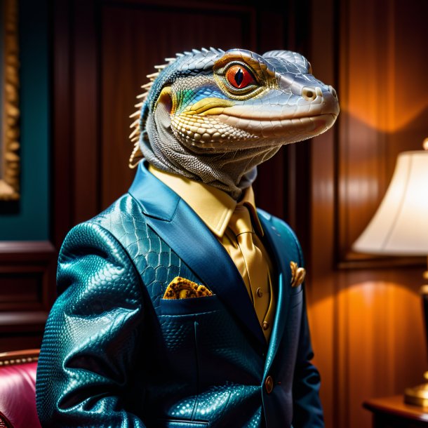 Photo of a monitor lizard in a jacket in the house