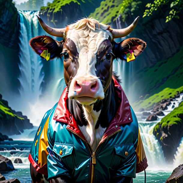 Pic of a cow in a jacket in the waterfall