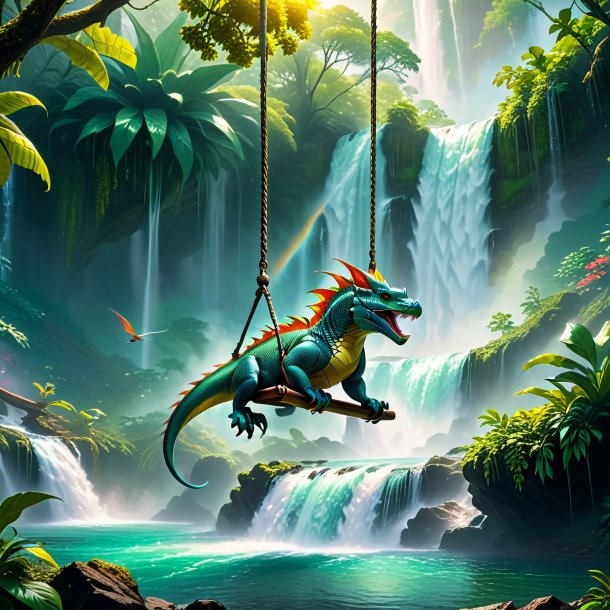 Picture of a swinging on a swing of a basilisk in the waterfall