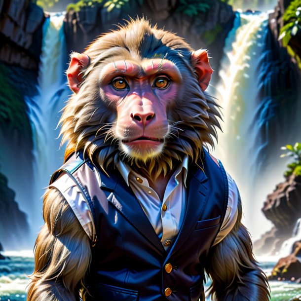 Pic of a baboon in a vest in the waterfall