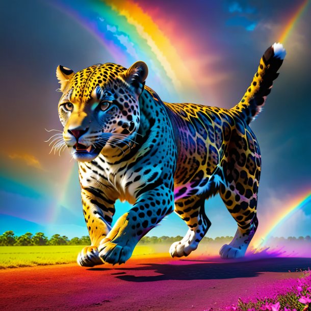 Foto de un baile de un jaguar en el arco iris