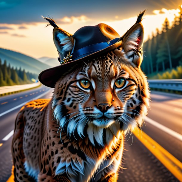 Foto de un lince en un sombrero en la carretera