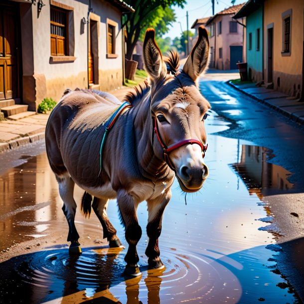 Photo of a smiling of a donkey in the puddle