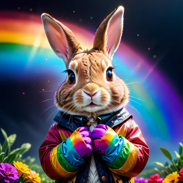 Photo d'un lapin dans un gants sur l'arc-en-ciel