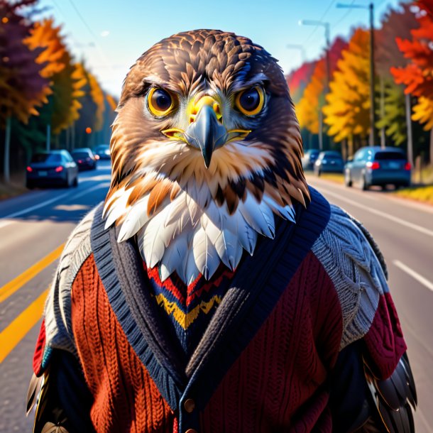 Desenho de um falcão em um suéter na estrada