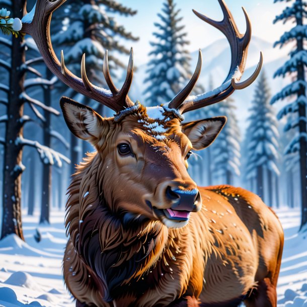 Pic of a smiling of a elk in the snow