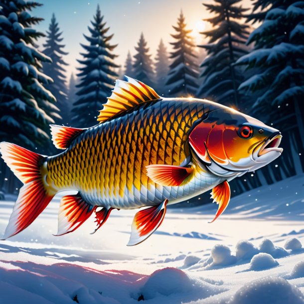 Drawing of a carp in a vest in the snow