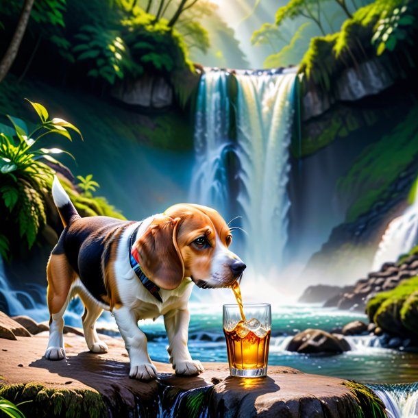 Pic of a drinking of a beagle in the waterfall