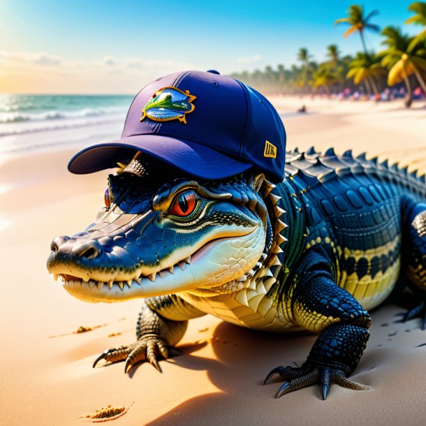 Foto de un caimán en una gorra en la playa