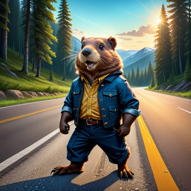 Drawing of a beaver in a trousers on the road