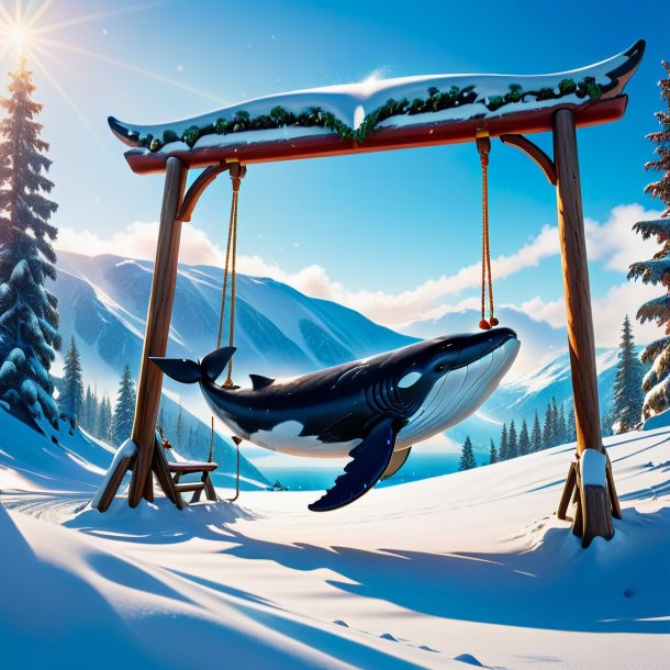 Pic of a swinging on a swing of a whale in the snow