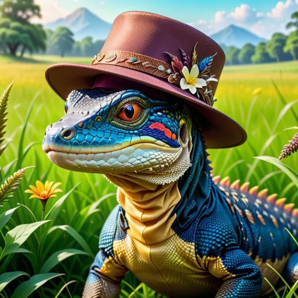 Illustration of a monitor lizard in a hat in the meadow