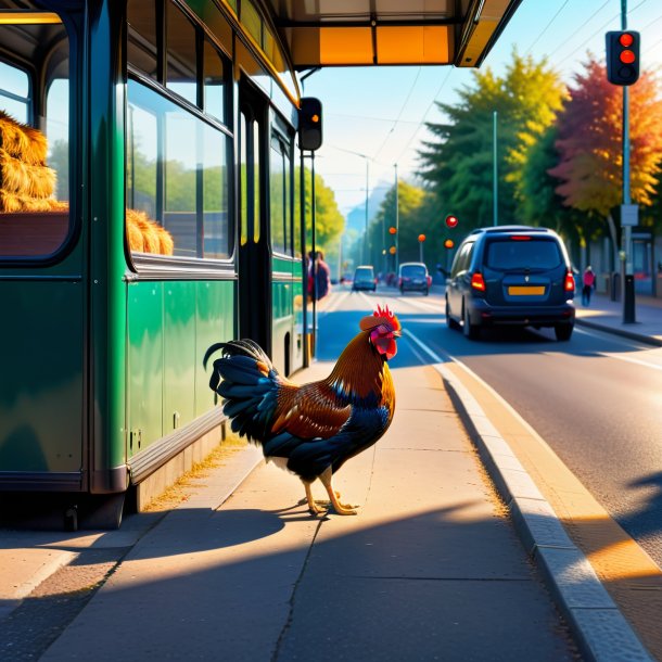 Foto de una espera de una gallina en la parada de autobús