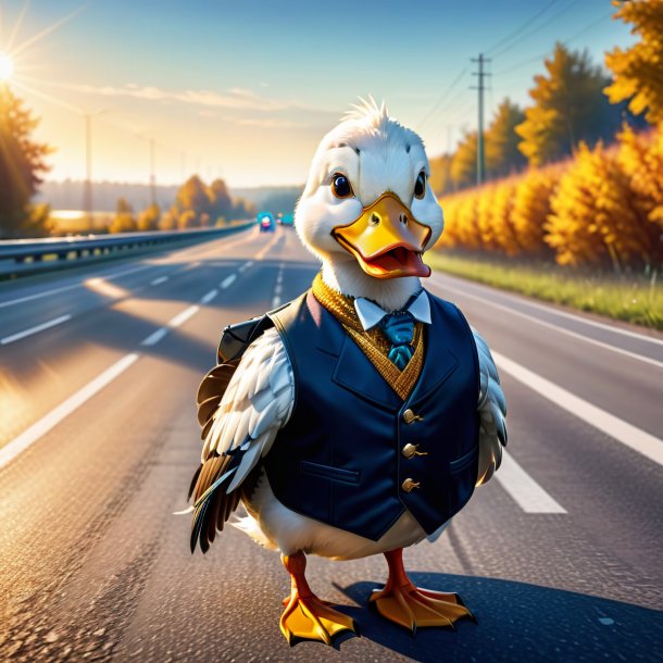 Illustration of a duck in a vest on the highway