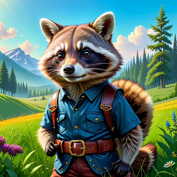 Illustration of a raccoon in a belt in the meadow