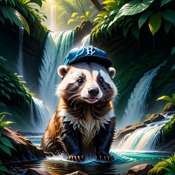 Drawing of a badger in a cap in the waterfall