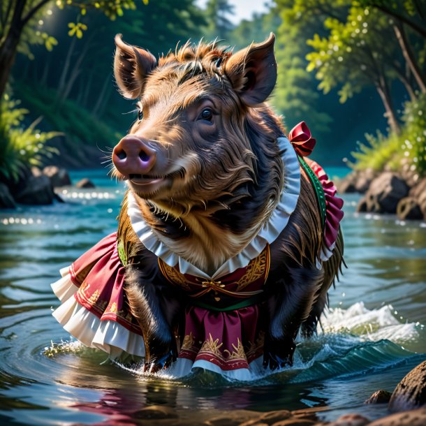 Photo of a boar in a skirt in the water