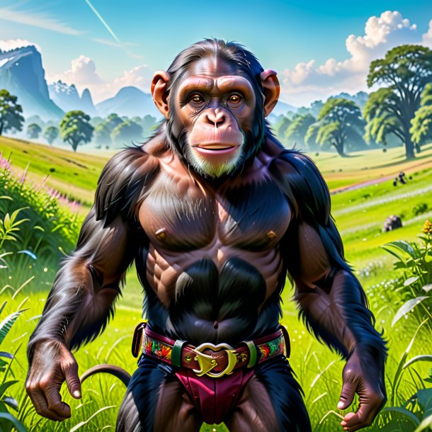 Image of a chimpanzee in a belt in the meadow