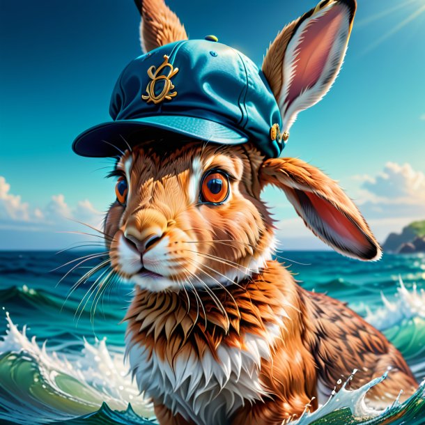 Illustration of a hare in a cap in the sea