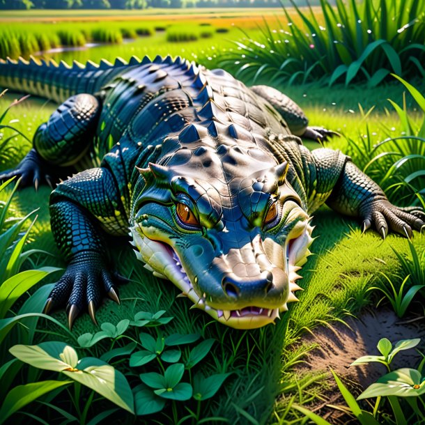 Photo of a sleeping of a alligator in the meadow