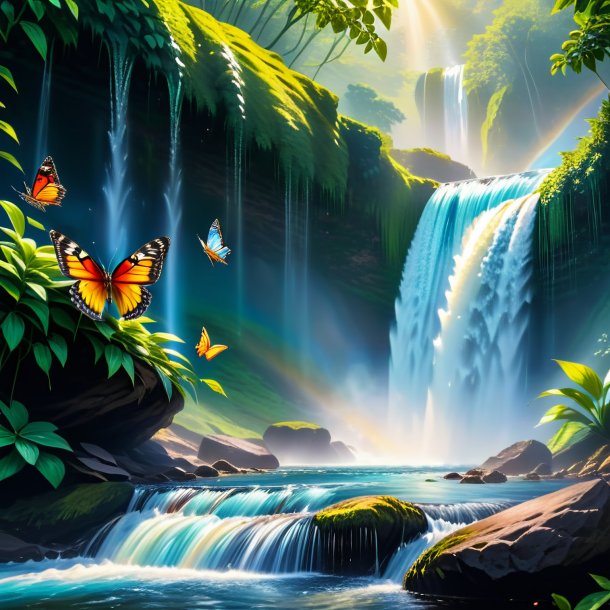 Picture of a playing of a butterfly in the waterfall