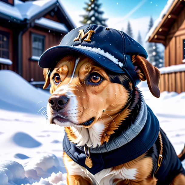 Image of a dog in a cap in the snow