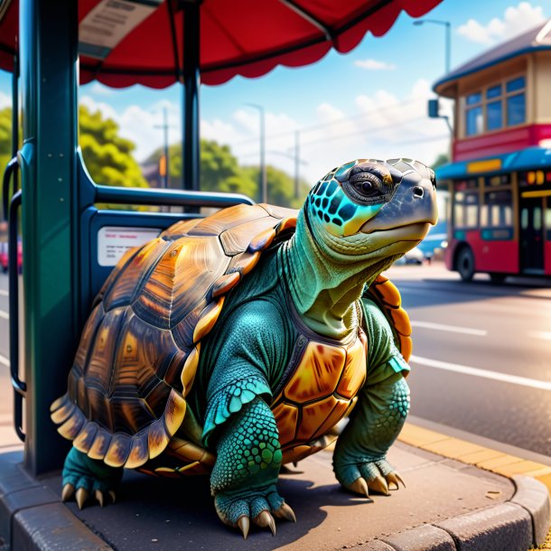 Picture of a tortoise in a dress on the bus stop