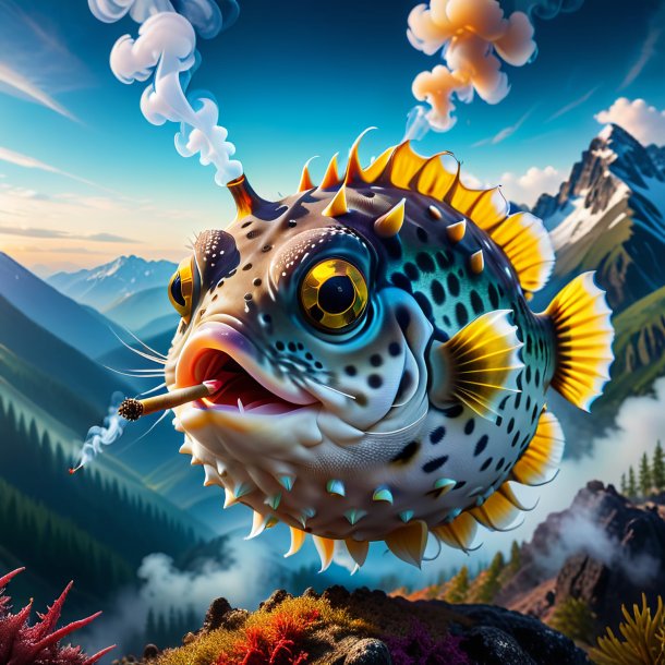 Picture of a smoking of a pufferfish in the mountains