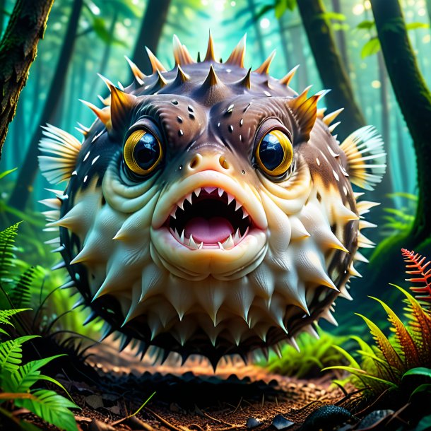 Photo of a angry of a pufferfish in the forest