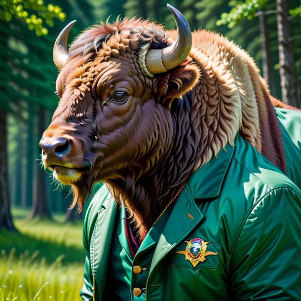 Imagen de un bisonte en una chaqueta verde