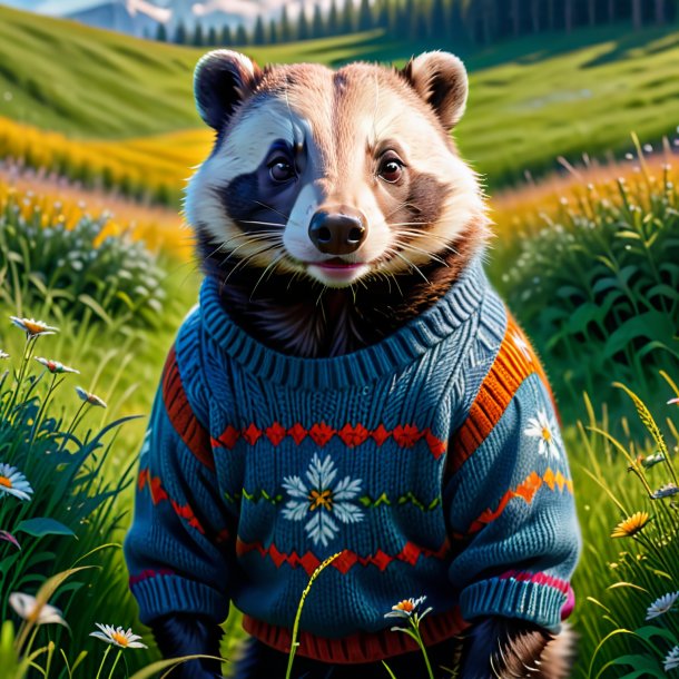 Image of a badger in a sweater in the meadow