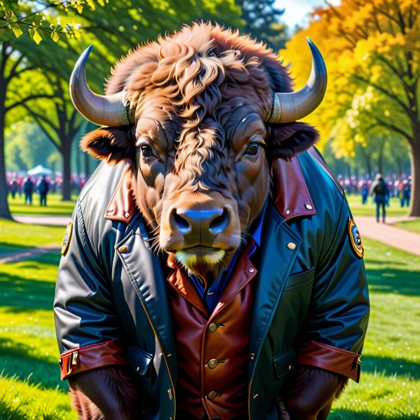 Foto de un bisonte en una chaqueta en el parque