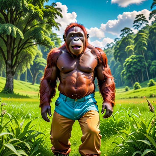 Image of a orangutan in a trousers in the meadow