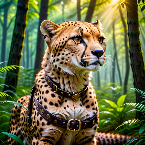 Photo of a cheetah in a belt in the forest