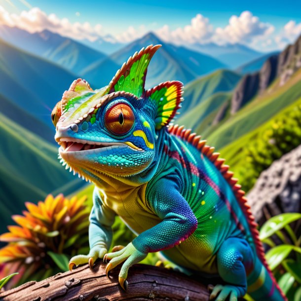 Picture of a smiling of a chameleon in the mountains