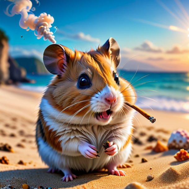 Image of a smoking of a hamster on the beach