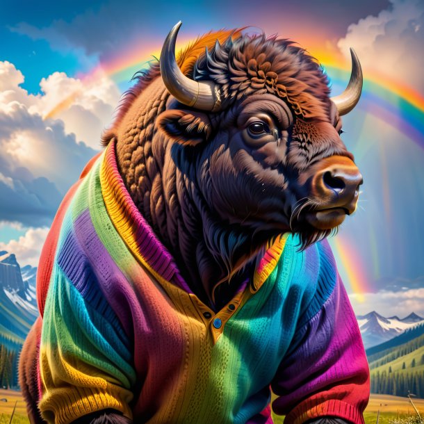 Photo of a bison in a sweater on the rainbow