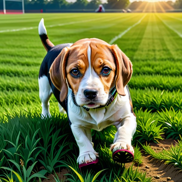 Image of a beagle in a shoes on the field