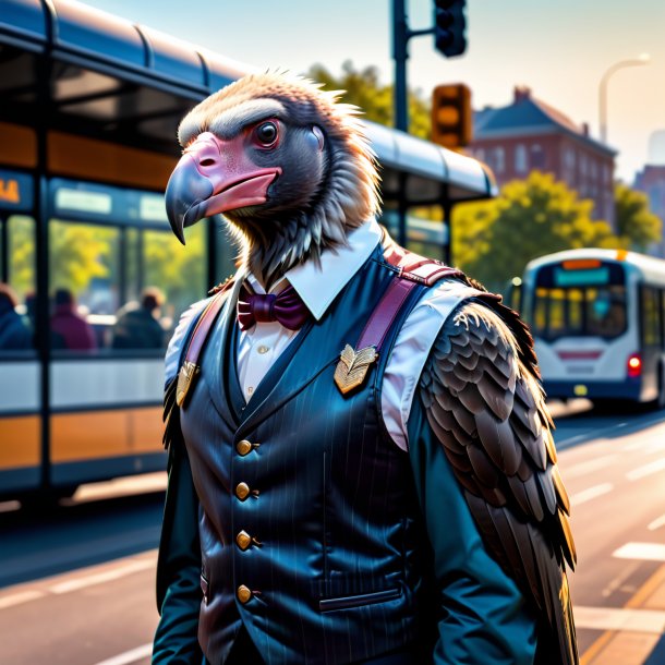 Imagem de um abutre em um colete no ponto de ônibus