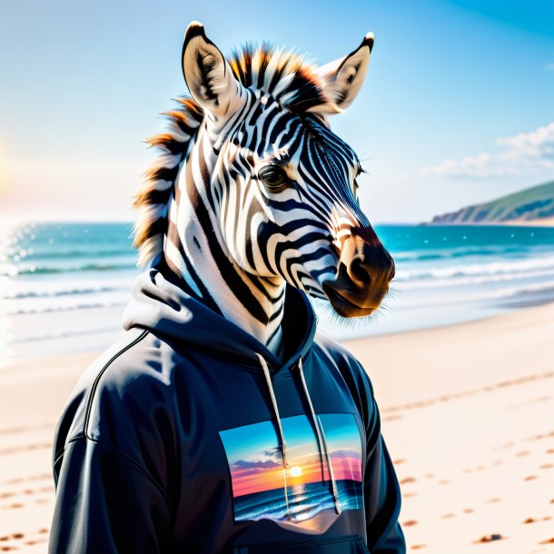 Photo of a zebra in a hoodie on the beach