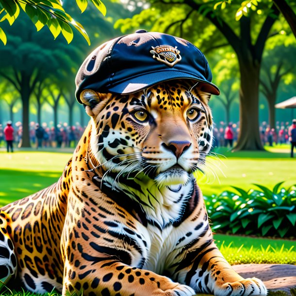 Image of a jaguar in a cap in the park