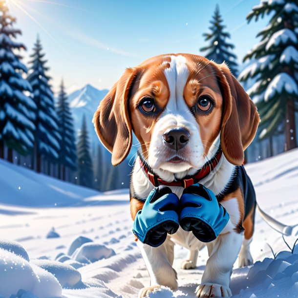 Ilustração de um beagle em uma luvas na neve