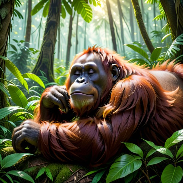 Picture of a sleeping of a orangutan in the forest