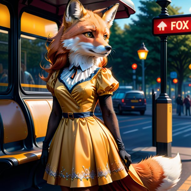 Illustration d'un renard dans une robe sur l'arrêt de bus