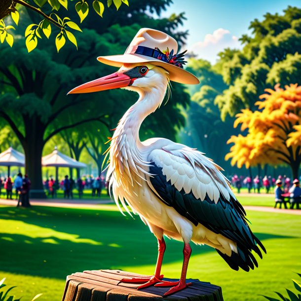 Image of a stork in a hat in the park