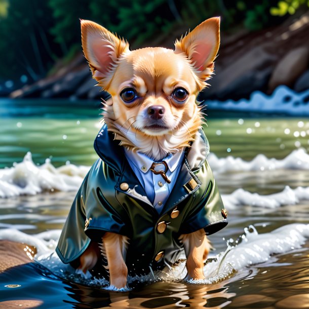 Photo of a chihuahua in a coat in the water