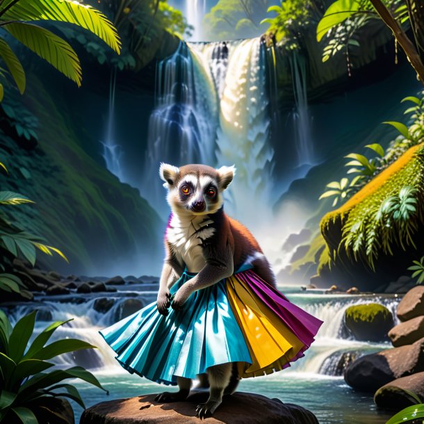 Picture of a lemur in a skirt in the waterfall