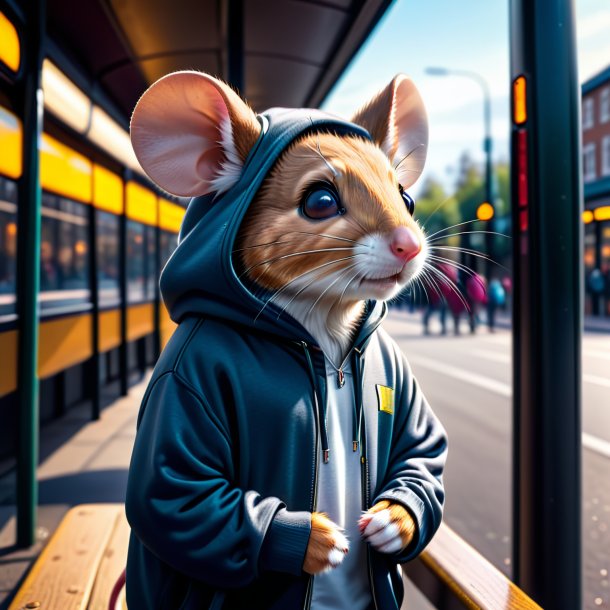 Foto de un ratón en una sudadera con capucha en la parada de autobús